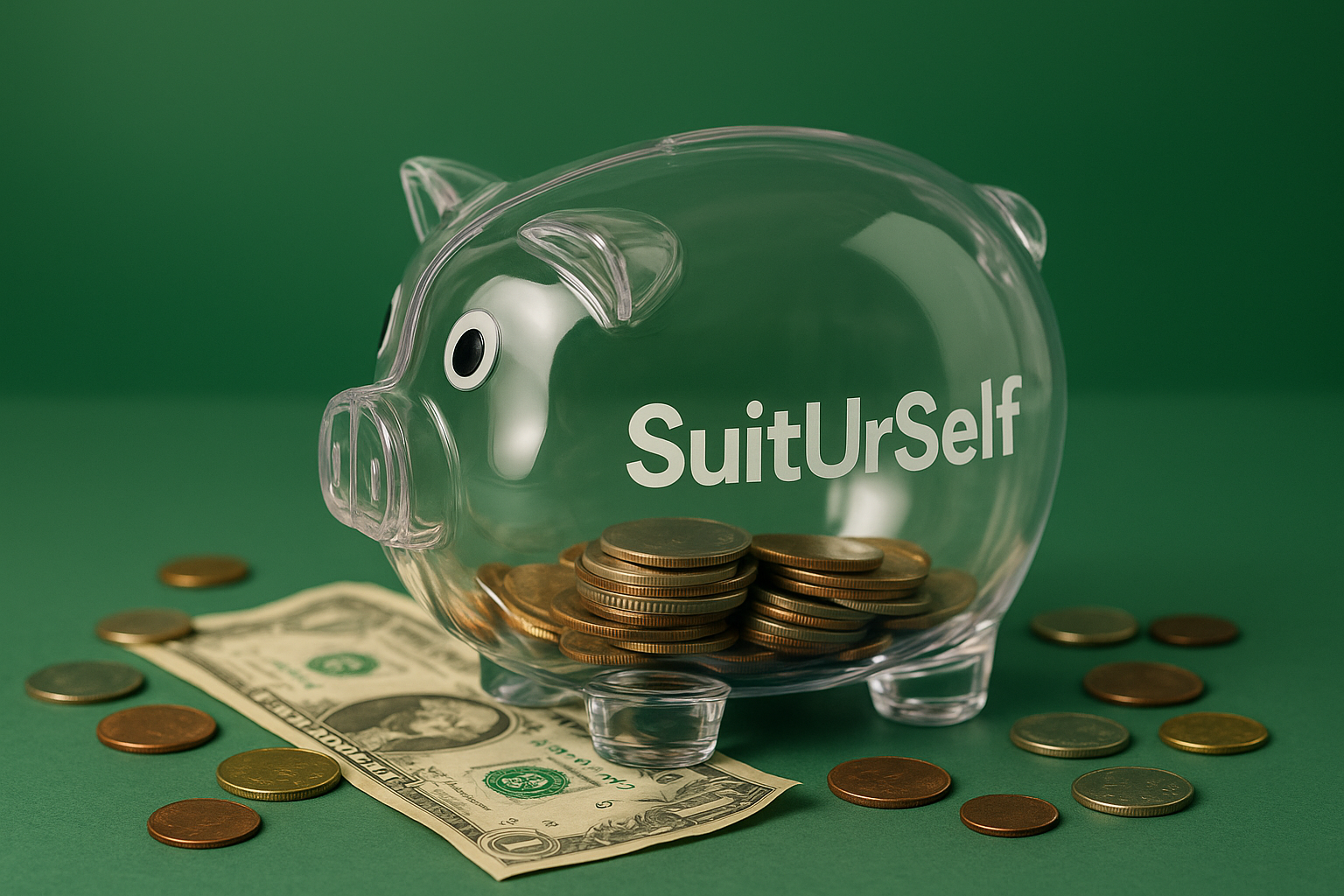 clear piggy bank that stands on it SuitUrSelf. have the backround green nad have money laying around